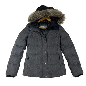 Eddie Bauer Womens Quilted Down Puffer Jacket Size XS Gray Fur Trim Hooded